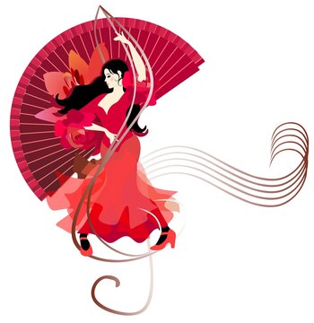 A beautiful Spanish girl in a long dress is dancing flamenco against the backdrop of a large fan. The treble clef and stave decorate the picture.
