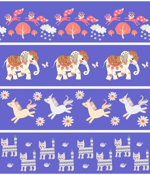 Collection of horizontal borders with cute cartoon animals - cats, elephants, unicorns and foxes on a blue background. Seamless fabric print for kids. Vector design.