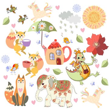 Wonderful print for baby bedding, wallpaper, fabric with funny fairy dinosaur, elephant, unicorns, squirrels, fox, birds, butterflies, sun, clouds and a teapot in the form of a house.