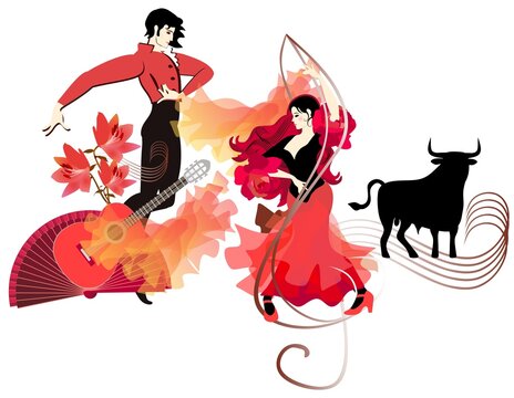 Symbols of traditional Spanish culture. Flamenco dancers in national costumes, acoustic guitar, fan, silhouette of a black bull isolated on a white background. Vector illustration.