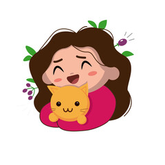 Cute illustration with a happy girl and a cat