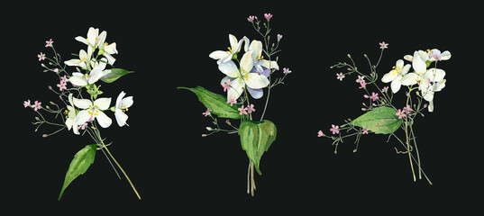 Small watercolor bouquets of jasmine and pink flowers