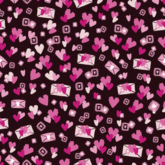 Valentines day themed surface pattern, hearts and stamps.