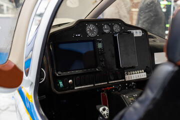 Cockpit pilot Flight Deck display. Throttle jet cabin with control panel plane