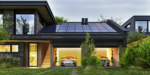 Evening view of a modern house with solar panels and electric cars - 478726939