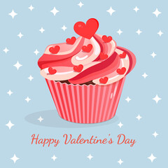 Sweet pink cupcake with hearts. Vector illustration of cupcake icon for postcard, textile, decor, poster, banner. Greeting card for Valentine's Day and other holidays.