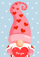 Illustration of a romantic gnome with a red heart in his hands for a banner, postcard, textiles, decor. Scandinavian nordic gnome, cute elf for valentine's day.