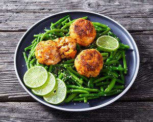 Prawn and Crab Cakes on a plate with green beans