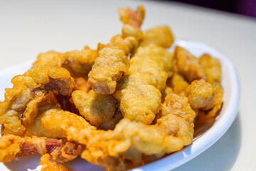 Close-up of a plate of delicious little crispy meat