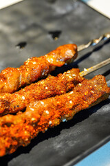 Close-up of three delicious kebabs