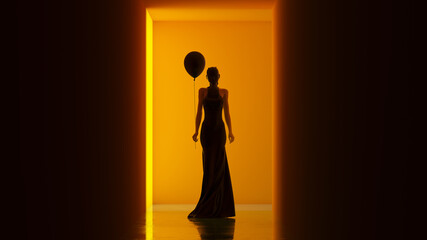 Woman Witchcraft Demon Balloon Long Wrapped Black Dress Orange Corridor with a Polished Floor Creepy Halloween Horror Woman 3d illustration render