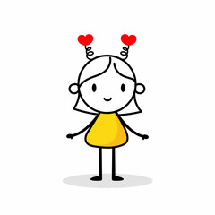 Woman with red hearts isolated on white background. Hand drawn doodle line art female. Concept of love. Vector stock illustration.