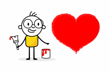 Man draw red heart isolated on white background. Hand drawn doodle line art man. Concept of love. Vector stock illustration.