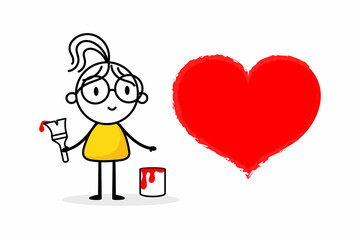 Woman draw red heart isolated on white background. Hand drawn doodle line art female. Concept of love. Vector stock illustration.