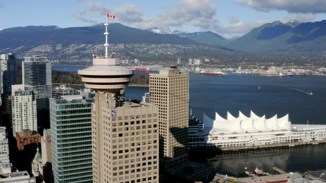 Harbour Centre Skyscraper With Iconic Canada Place In Downtown Vancouver, Canada. - aerial