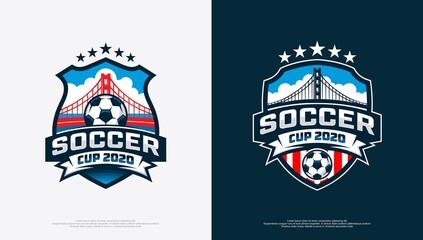 Logo for soccer tournament with soccer ball and bridge