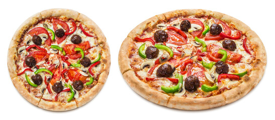 Delicious pizza with meatballs,  tomatoes, mushrooms, peppers and mozzarella, isolated on white background