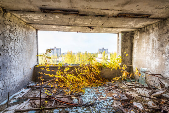 Ukraine, Kyiv Oblast, Pripyat, Interior of long abandoned building with completely broken out windows