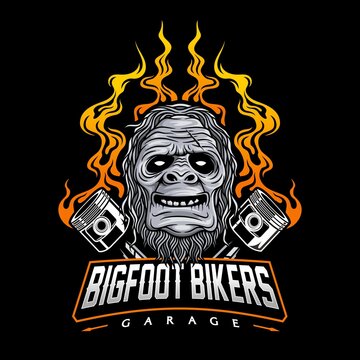 Motorcycle club logo with bigfoot and piston illustration