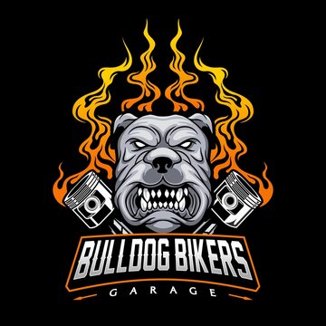 Motorcycle club logo with bulldog and piston illustration