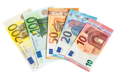 Various banknotes of Euro currency on white background