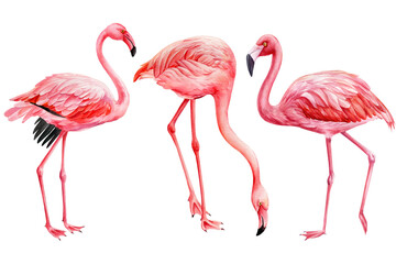 Set flamingos, tropical birds on white background. Watercolor pink flamingo - obrazy, fototapety, plakaty