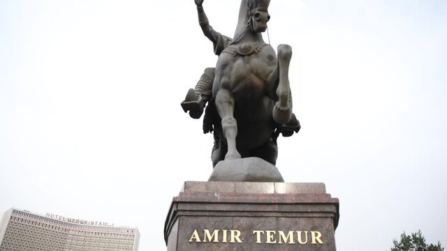 the Amir Temur statue in Tashkent Uzbekistan revealing shot, close up