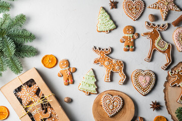 Christmas homemade gingerbread cookies, festive homemade decorated sweets. Assortment of decorated Christmas cookies.