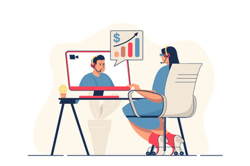 Business webinar concept for web banner. Woman watching online training video with business coach, e-learning modern person scene. Illustration in flat cartoon design with people characters