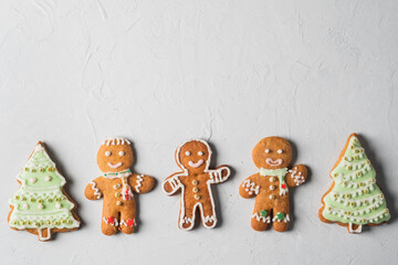 Christmas homemade gingerbread cookies, festive homemade decorated sweets. Assortment of decorated Christmas cookies.