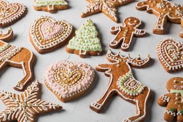 Christmas homemade gingerbread cookies, festive homemade decorated sweets. Assortment of decorated Christmas cookies.