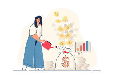 Investment concept for web banner. Woman watering money tree, increase financial profit, success finance strategy modern person scene. Illustration in flat cartoon design with people characters