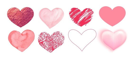 Set of pink hearts in different styles. Valentine's day design elements. Watercolor, scribble, doodle, 3d heart.