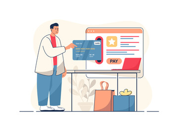 Online payment concept for web banner. Man pays purchases with credit card in online banking using website form, modern person scene. Illustration in flat cartoon design with people characters