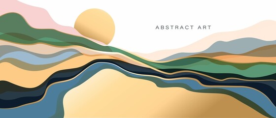 Mountain, hills, sun, sea vector background. © olechkaart