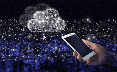 Hand hold white smartphone with digital hologram cloud, download, data sign on city dark blurred background. Modern cloud technology. Integrated digital web