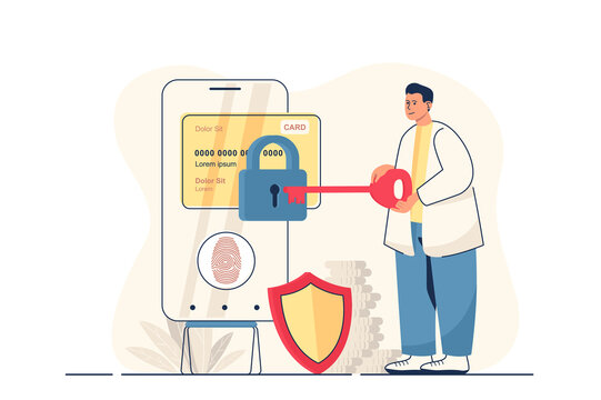 Secure payment concept for web banner. Man pays for purchases by credit card, protection of internet payments, modern person scene. Illustration in flat cartoon design with people characters