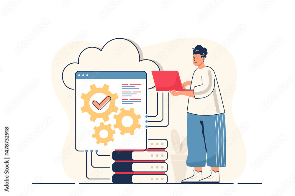 Poster SaaS concept for web banner. Man uses software as service, online subscription to programs, subscription platform modern person scene. Illustration in flat cartoon design with people characters