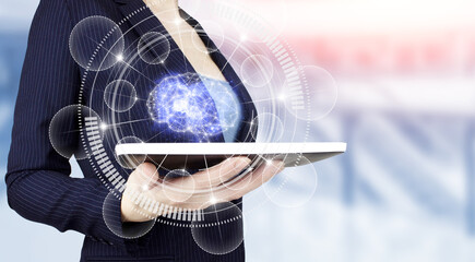 Digital Brain Artificial intelligence. Hand hold white tablet with digital hologram Brain sign on light blurred background. Science and artificial intelligence technology, innovation and futuristic.