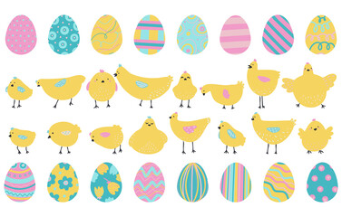 Set of hens and chickens. Domestic bird. Baby flat vector illustration.