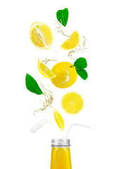 Lemon fruits and juice fall in yellow bottle. Creative citrus minimal concept, vitamin C.