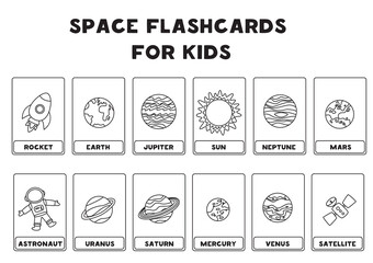 Space flashcards for kids. Vector illustrations of solar system planets with their names. © Milya Shaykh