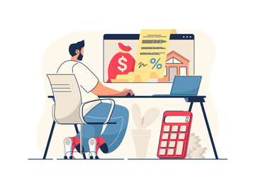 Mortgage concept for web banner. Man takes out mortgage online, signs contract with bank to buy new house, modern person scene. Illustration in flat cartoon design with people characters