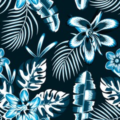 Fototapeta night background vector design illustration with bright tropical plant and leaves seamless pattern. fashionable texture design. Floral background. Exotic tropic. Summer themed design. nature wallpaper obraz