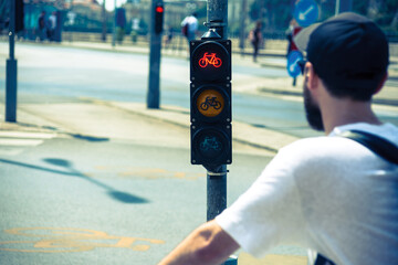 Red traffic light for bicyclists on the crossroad