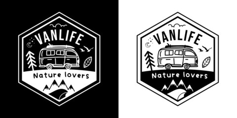Vanlife, nature lovers - logo, label, sticker - black and white. © Manon