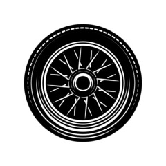 Wheel illustration in monochrome style. Design element for logo, label, sign, emblem. Vector illustration