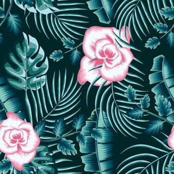 Tropical jungle illustration seamless flower pattern with tropical monstra palm leaves plants and banana foliage. fashionable texture design. Floral background. Exotic tropics. Summer themed design