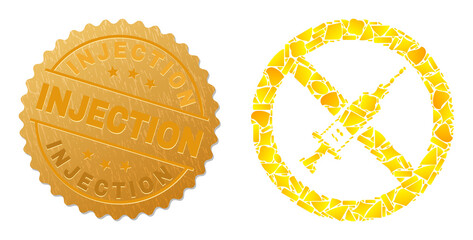 Golden composition of yellow items for stop vaccine icon, and golden metallic Injection watermark. Stop vaccine icon composition is composed from randomized golden items.