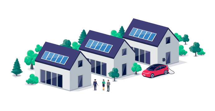 Renewable sustainable village buildings with photovoltaic solar panels roof power energy. Electric car charging in front of home from wallbox. Family houses on urban city street. Isolated vector.